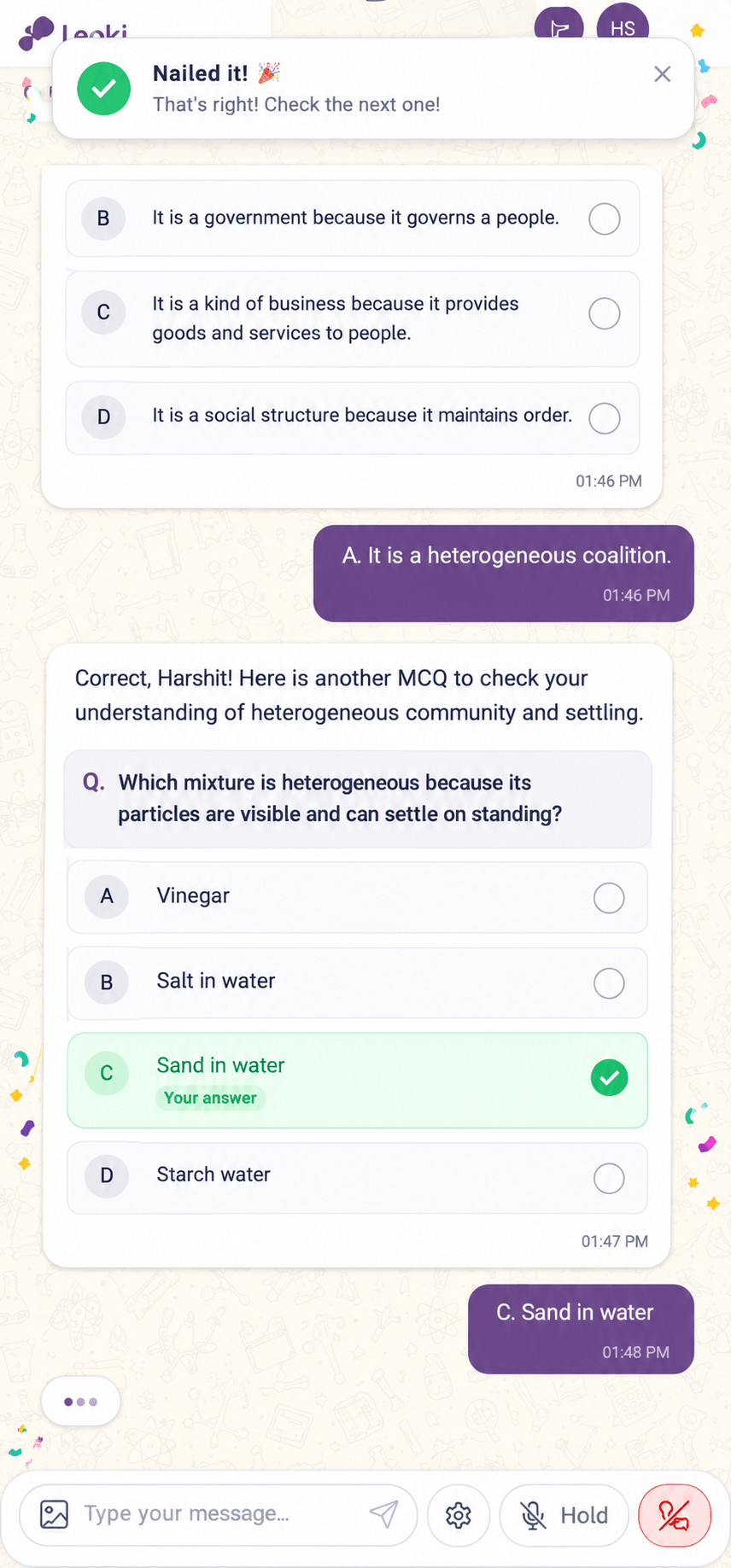 A quiz answer marked correct, with instant feedback